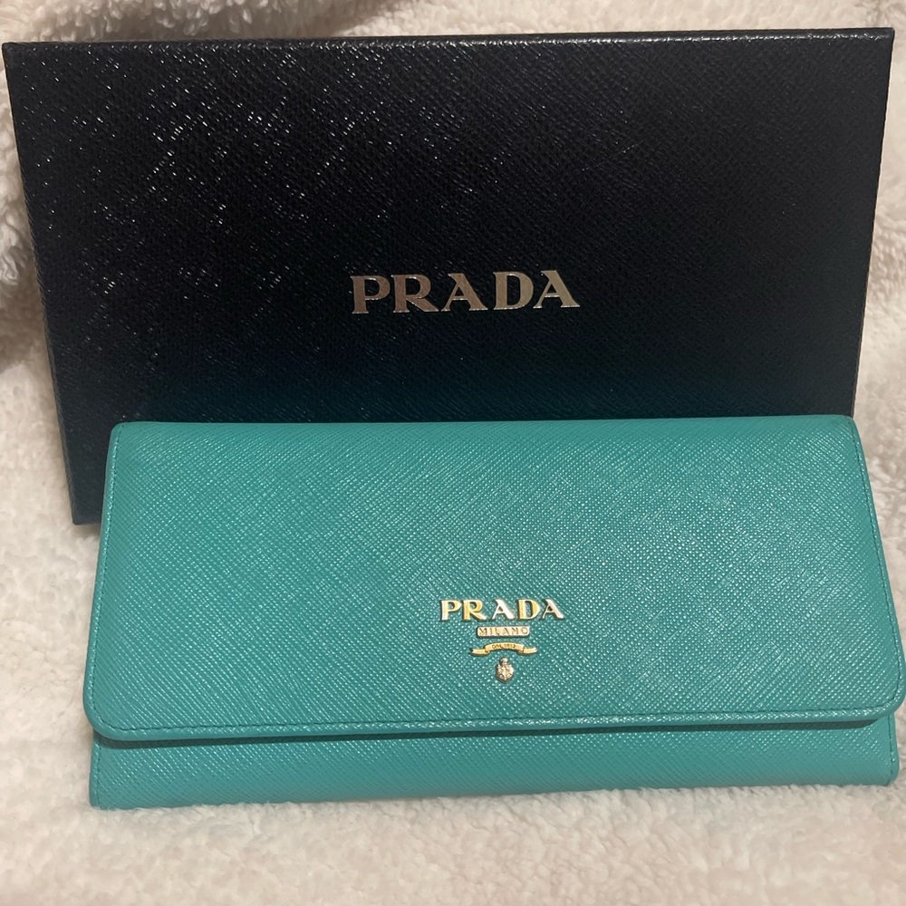AUTHENTIC Prada Saffiano Leather Turquoise Wallet with Gold Detailing